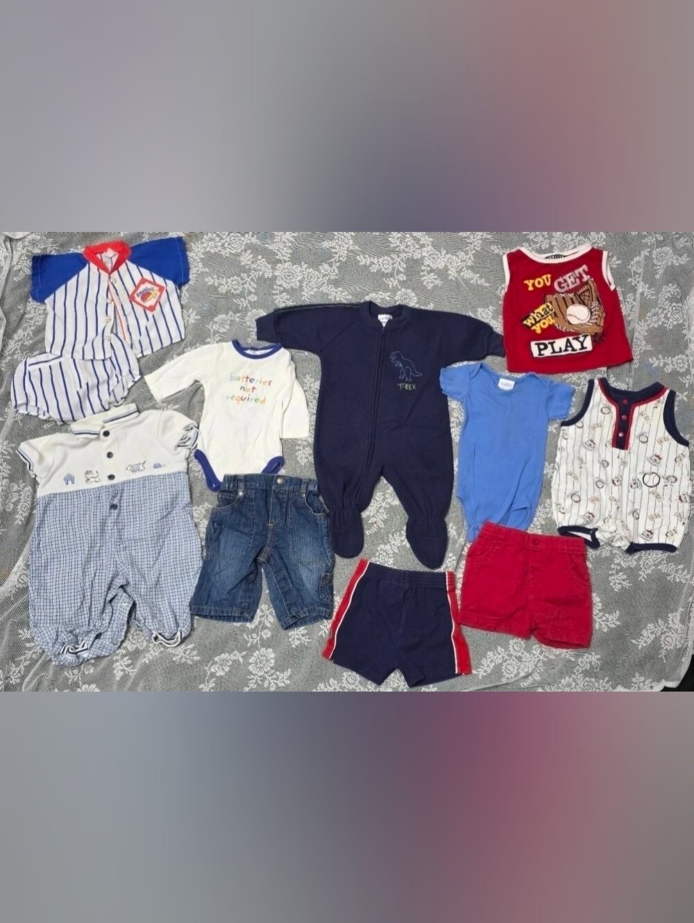 Vtg 80s 90s Baby Boy 10 Pc Lot 0-6M Romper Shorts Bodysuit Baseball Dino Dog